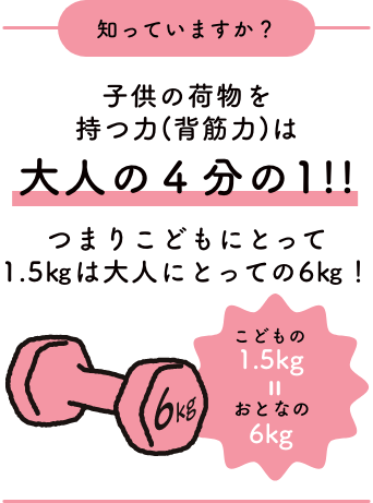 子供の荷物を持つ力（背筋力）は大人の4分の1！！つまりこどもにとって1.5kgは大人にとっての6kg